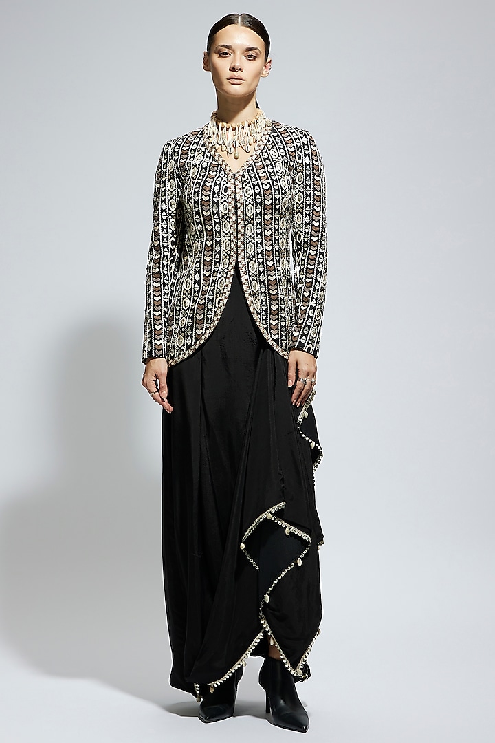 Black Silk Embellished Jacket Set by Sva By Sonam & Paras Modi at Pernia's Pop Up Shop