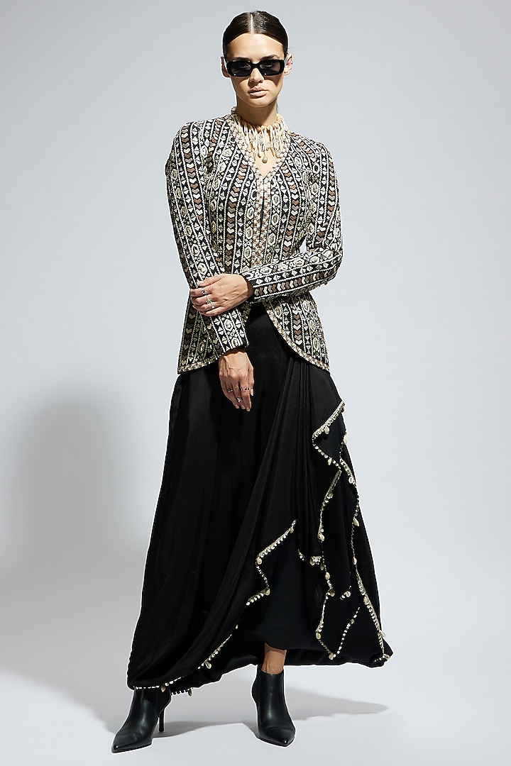 Black Silk Embellished Jacket Set by SVA BY SONAM & PARAS MODI at Pernia's Pop Up Shop