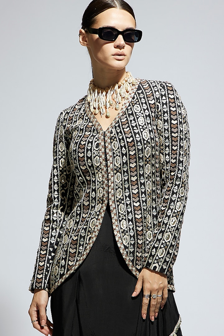 Black Silk Embellished Jacket Set by SVA BY SONAM & PARAS MODI at Pernia's Pop Up Shop