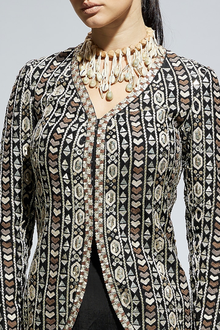 Black Silk Embellished Jacket Set by SVA BY SONAM & PARAS MODI at Pernia's Pop Up Shop