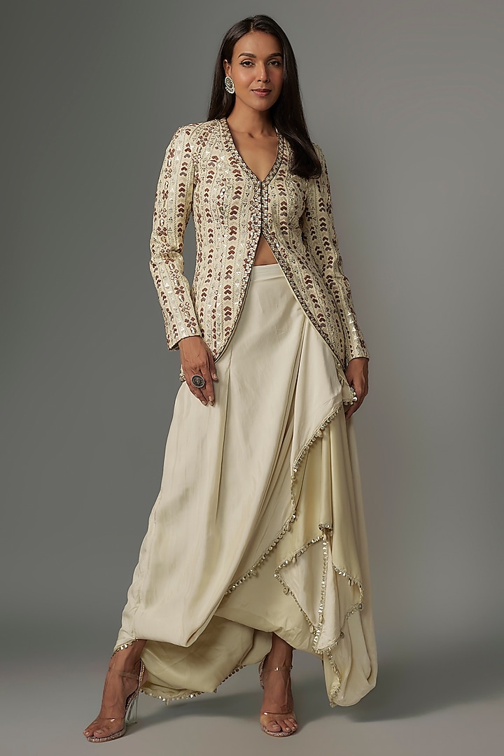 Ivory Crepe Embellished Jacket Set by Sva By Sonam & Paras Modi at Pernia's Pop Up Shop