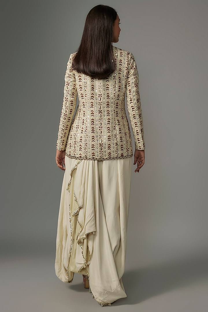 Ivory Crepe Embellished Jacket Set by Sva By Sonam & Paras Modi at Pernia's Pop Up Shop