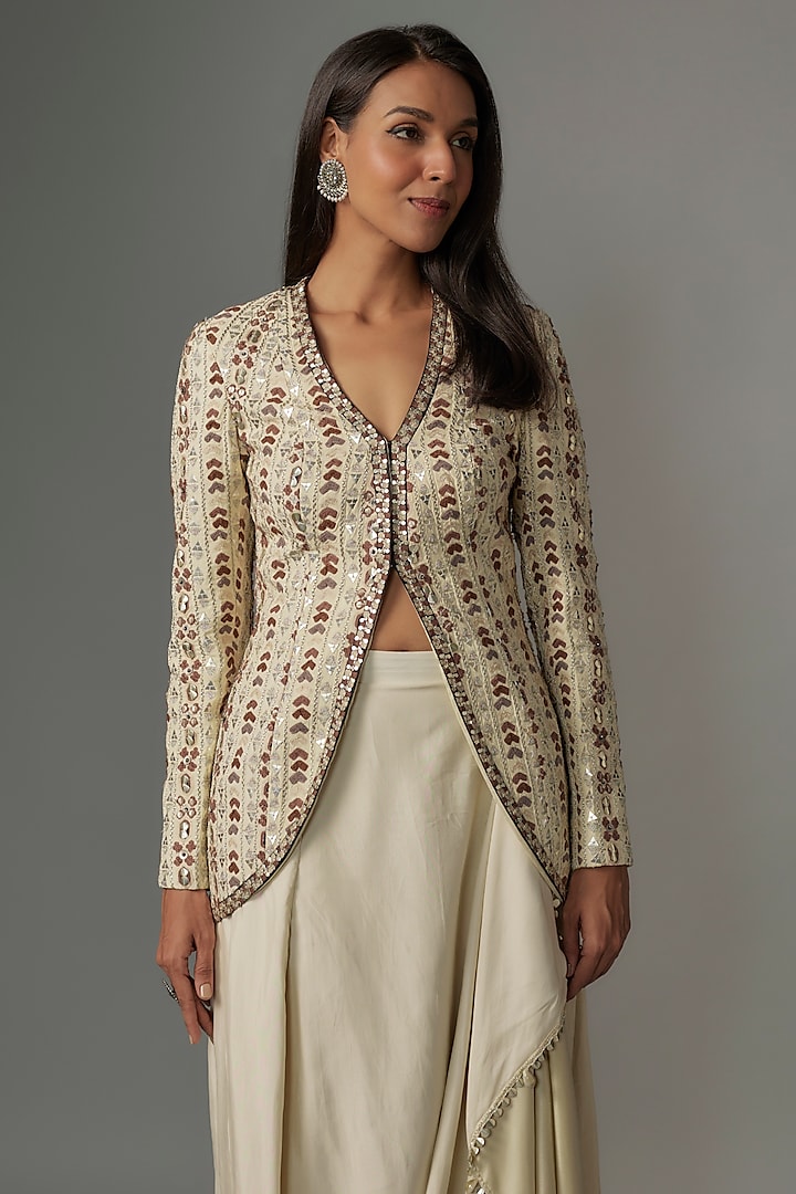 Ivory Crepe Embellished Jacket Set by Sva By Sonam & Paras Modi at Pernia's Pop Up Shop