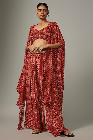 Orange Crepe Boho Geo Printed Cape Set by SVA BY SONAM & PARAS MODI