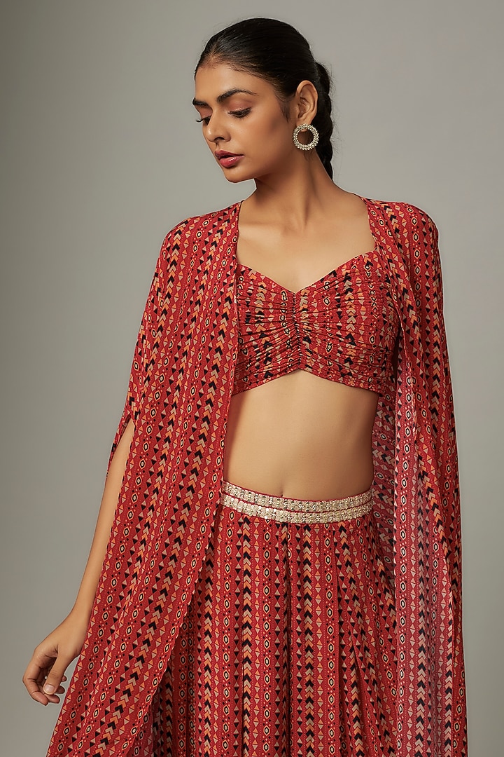 Orange Crepe Boho Geo Printed Cape Set by SVA BY SONAM & PARAS MODI at Pernia's Pop Up Shop
