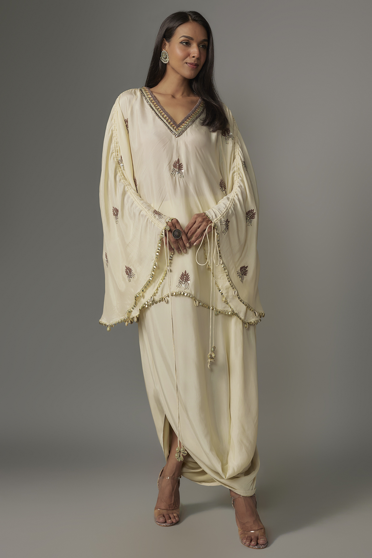 Ivory Crepe Embellished Kaftan Set by Sva By Sonam & Paras Modi at Pernia's Pop Up Shop