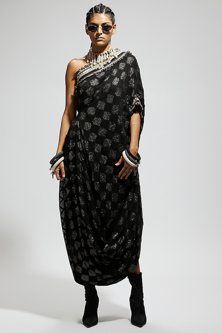 Black Silk One-Shoulder Cowl Dress by Sva By Sonam & Paras Modi at Pernia's Pop Up Shop