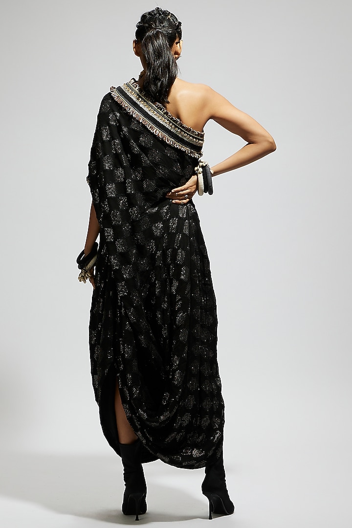 Black Silk One-Shoulder Cowl Vacation Dress by SVA BY SONAM & PARAS MODI at Pernia's Pop Up Shop