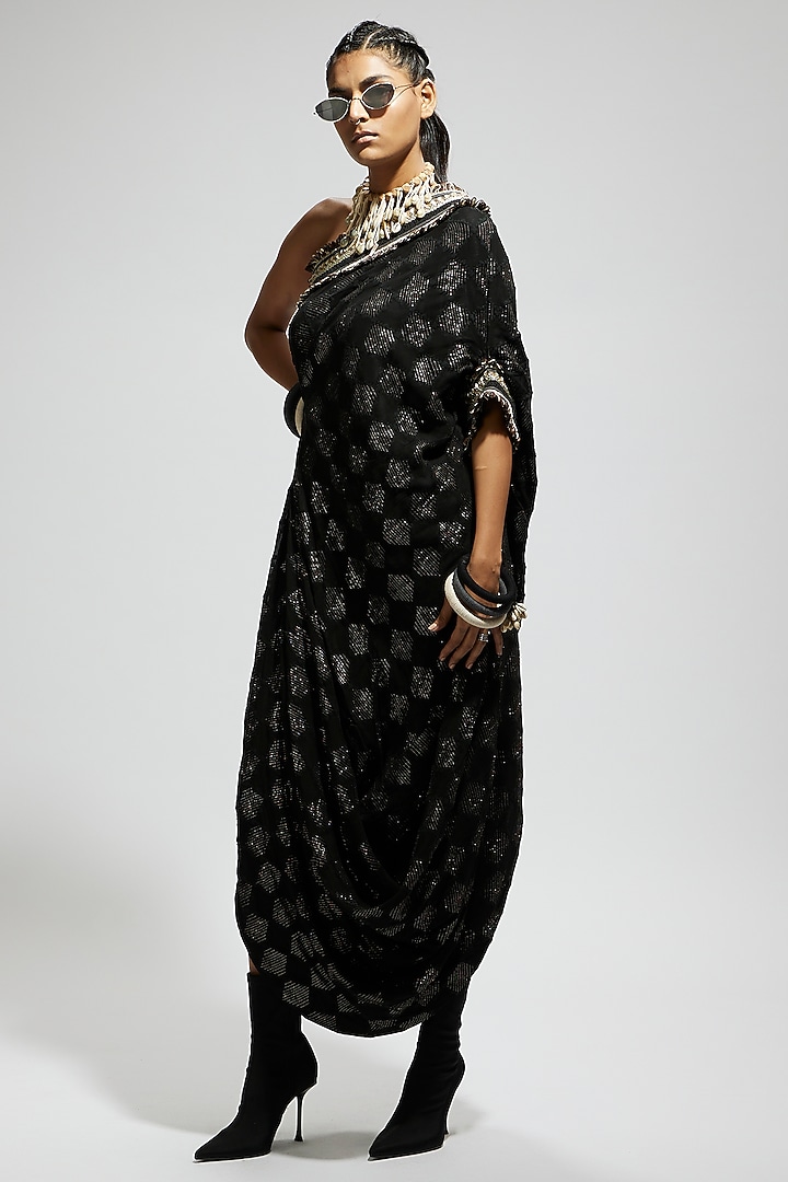 Black Silk One-Shoulder Cowl Vacation Dress by SVA BY SONAM & PARAS MODI at Pernia's Pop Up Shop