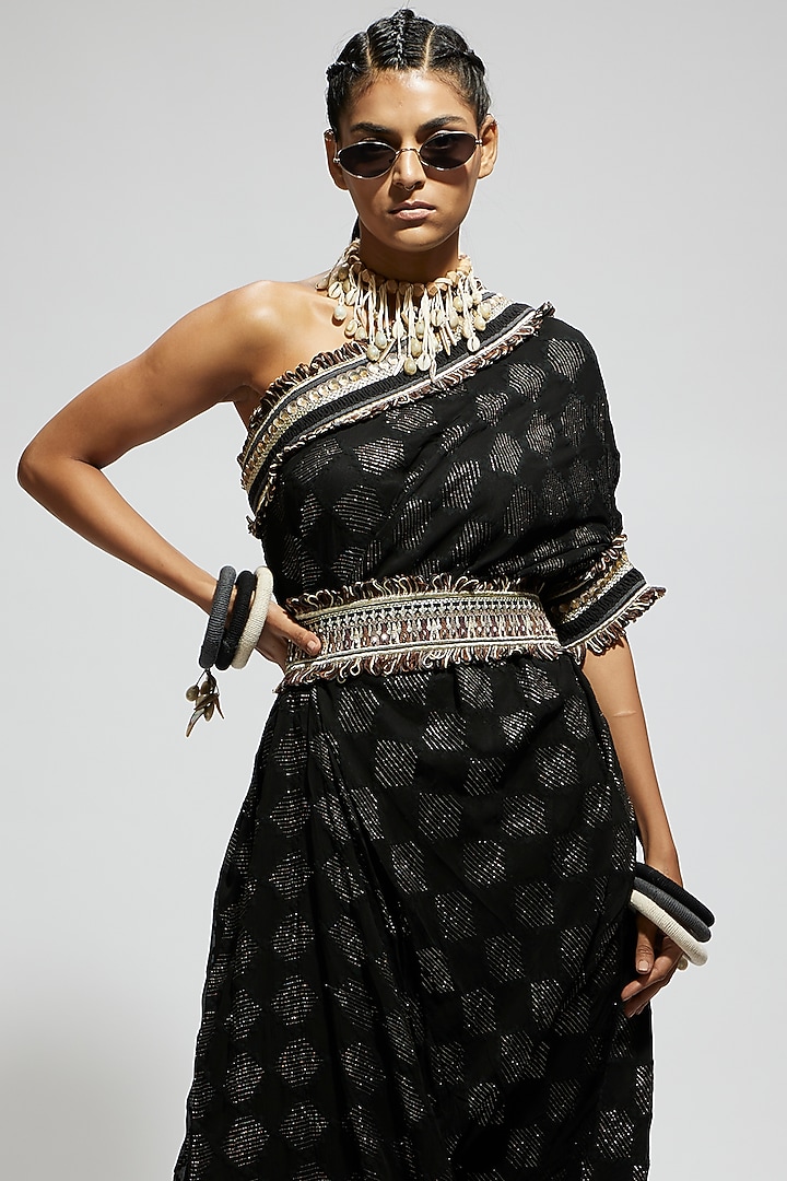 Black Silk One-Shoulder Cowl Vacation Dress by SVA BY SONAM & PARAS MODI at Pernia's Pop Up Shop