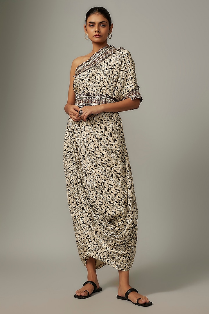 White Crepe Printed One-Shoulder Cowl Dress With Belt by SVA BY SONAM & PARAS MODI at Pernia's Pop Up Shop