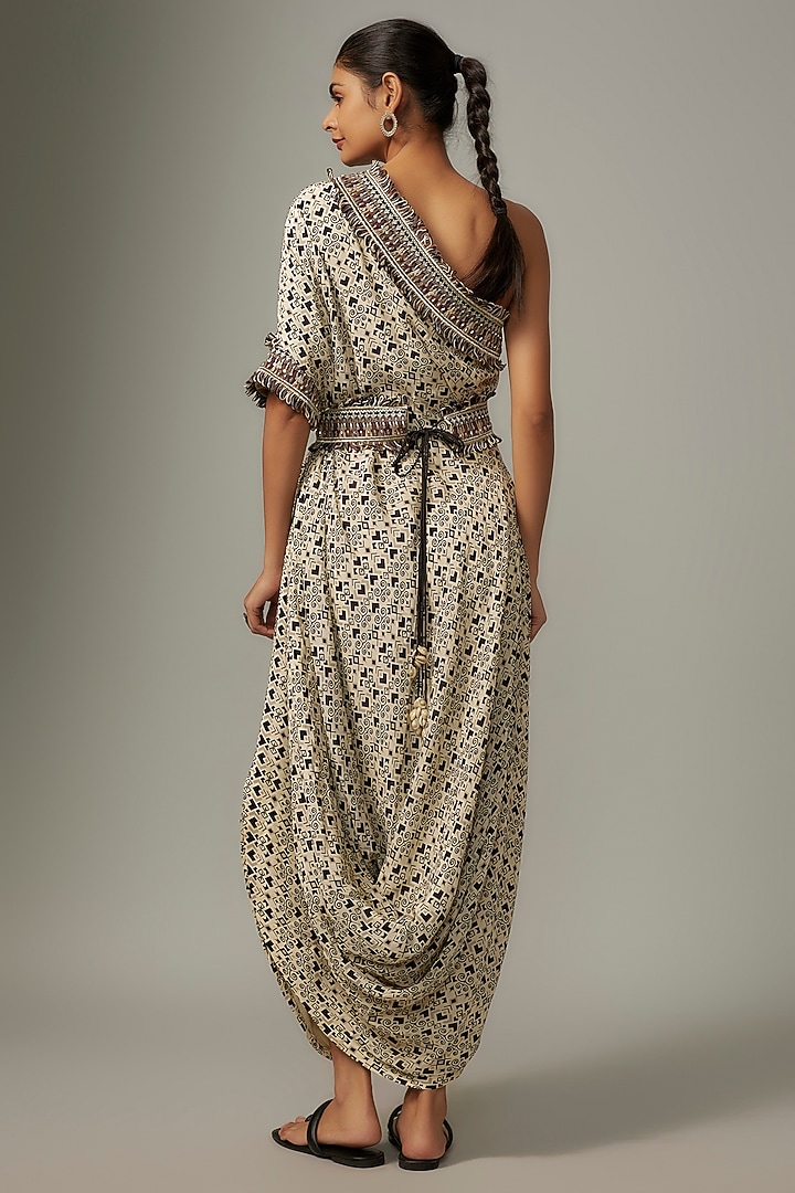 White Crepe Printed One-Shoulder Cowl Vacation Dress With Belt by SVA BY SONAM & PARAS MODI at Pernia's Pop Up Shop