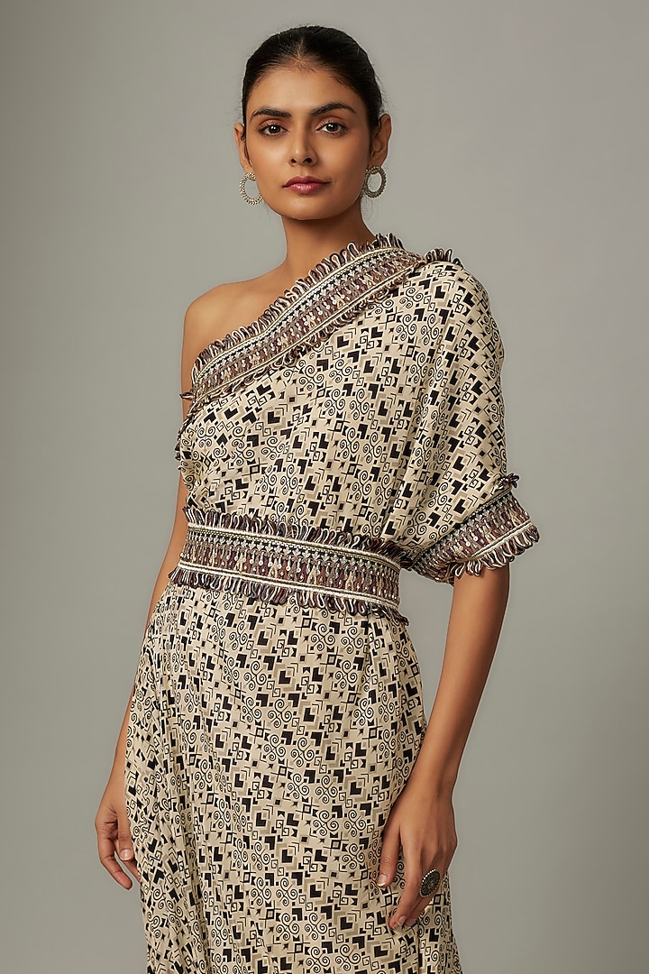 White Crepe Printed One-Shoulder Cowl Vacation Dress With Belt by SVA BY SONAM & PARAS MODI at Pernia's Pop Up Shop