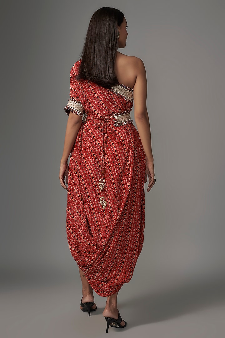 Orange Crepe One-Shoulder Cowl Vacation Dress With Belt by Sva By Sonam & Paras Modi at Pernia's Pop Up Shop