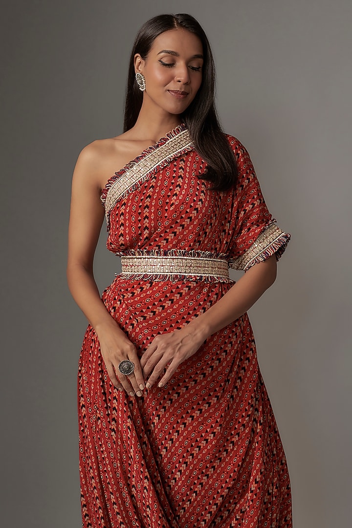 Orange Crepe One-Shoulder Cowl Vacation Dress With Belt by Sva By Sonam & Paras Modi at Pernia's Pop Up Shop