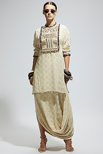 Ivory Silk Aztec Embroidered Tunic Set by SVA BY SONAM & PARAS MODI at Pernia's Pop Up Shop