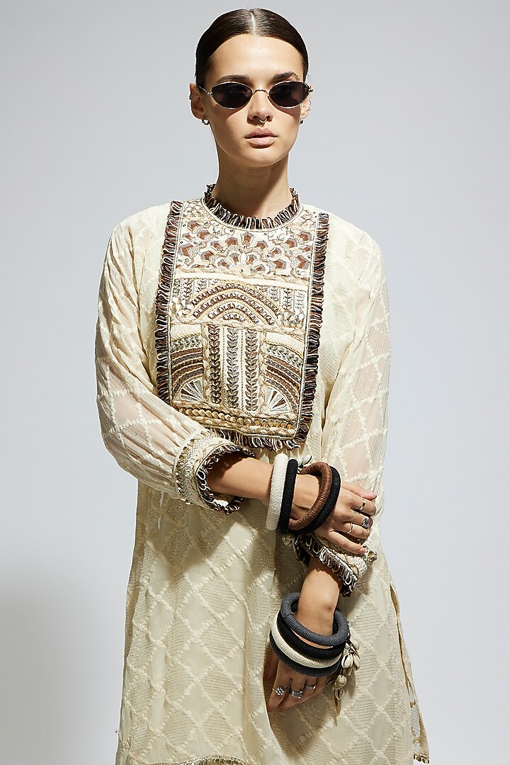 Ivory Silk Aztec Embroidered Tunic Set by SVA BY SONAM & PARAS MODI at Pernia's Pop Up Shop
