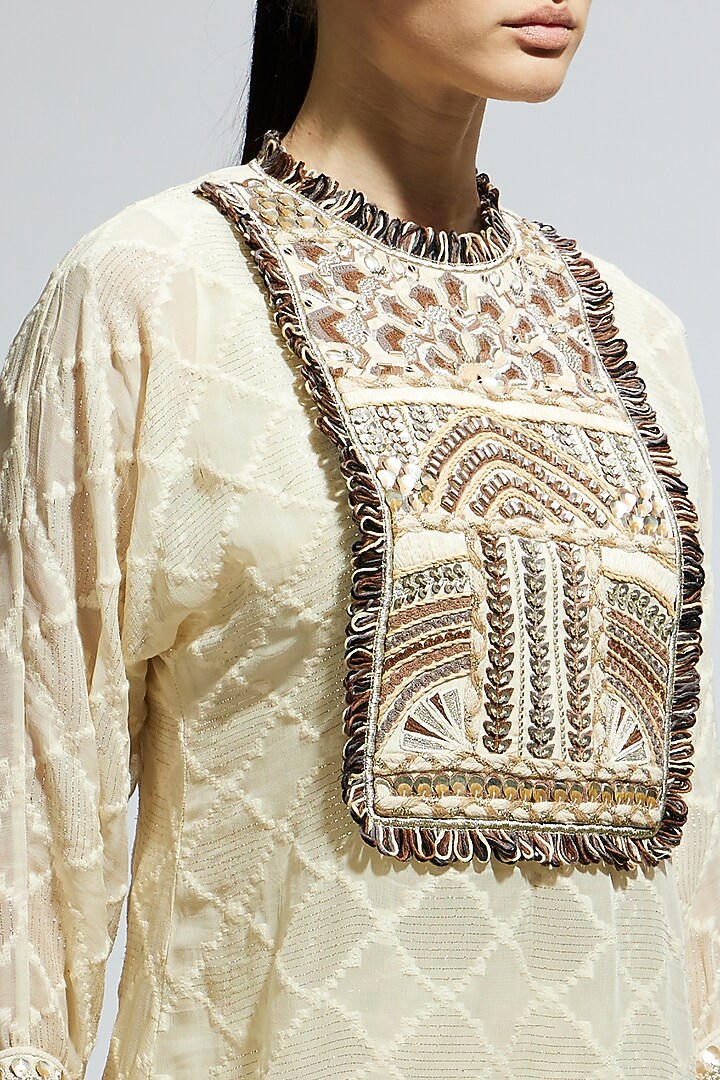 Ivory Silk Aztec Embroidered Tunic Set by SVA BY SONAM & PARAS MODI at Pernia's Pop Up Shop