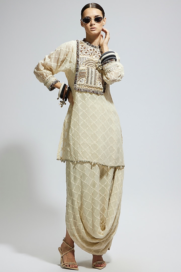 Ivory Silk Aztec Embroidered Tunic Set by SVA BY SONAM & PARAS MODI at Pernia's Pop Up Shop