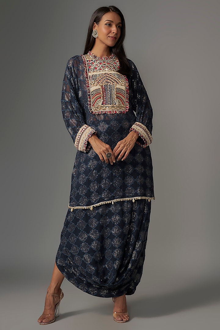 Blue Silk Embroidered Tunic Set by Sva By Sonam & Paras Modi at Pernia's Pop Up Shop