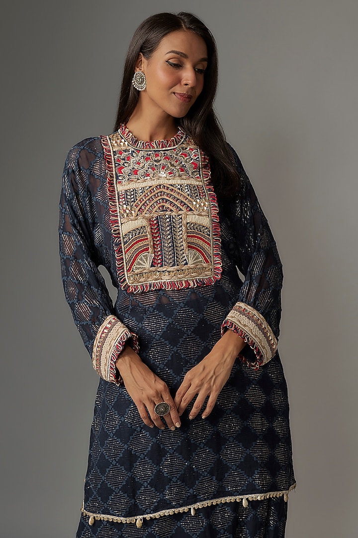 Blue Silk Embroidered Tunic Set by Sva By Sonam & Paras Modi at Pernia's Pop Up Shop