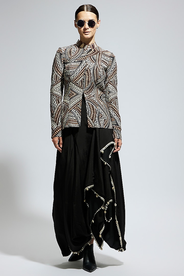 Black Crepe Embellished Jacket Set by Sva By Sonam & Paras Modi at Pernia's Pop Up Shop