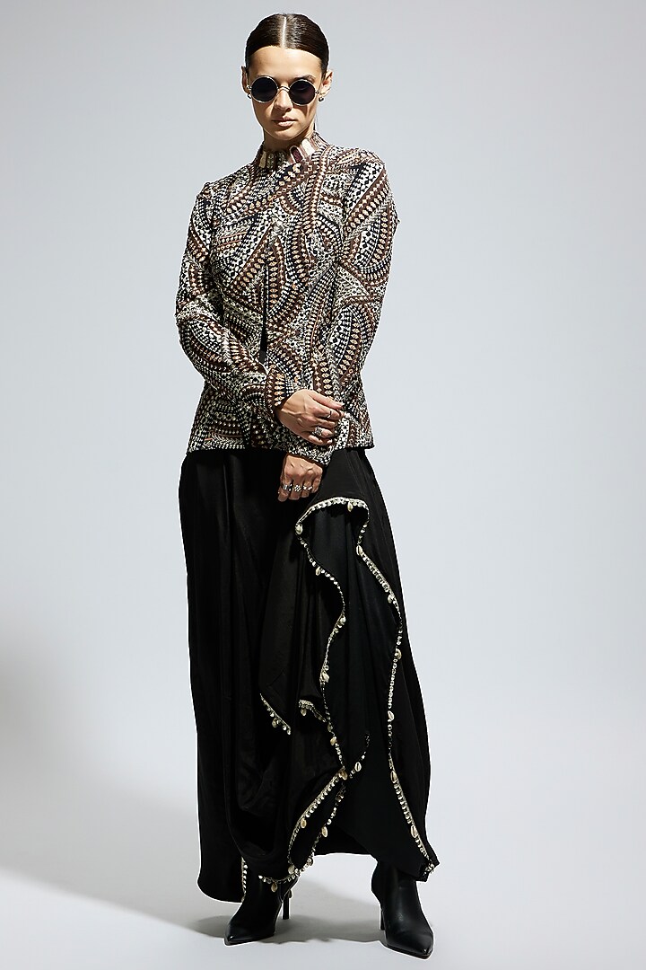 Black Crepe Embellished Jacket Set by SVA BY SONAM & PARAS MODI at Pernia's Pop Up Shop