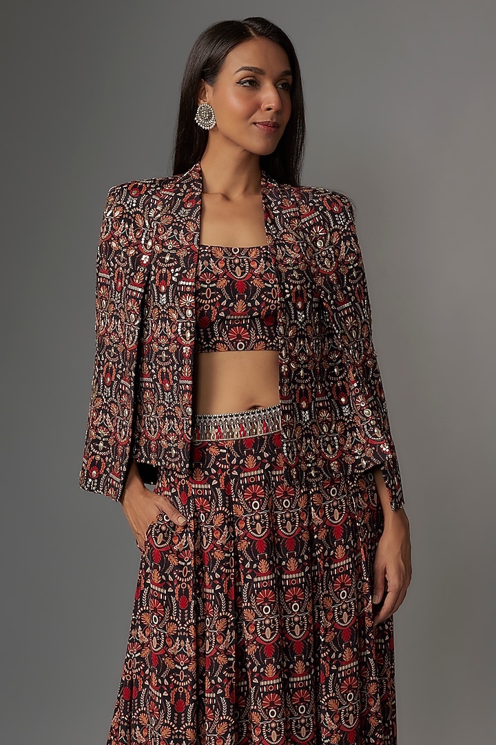 Black Crepe Jaal Printed Jacket Set by Sva By Sonam & Paras Modi at Pernia's Pop Up Shop