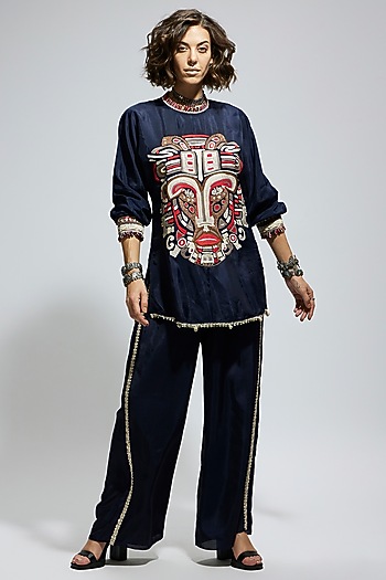 Blue Crepe Thread Embellished Tunic Set by SVA BY SONAM & PARAS MODI at Pernia's Pop Up Shop