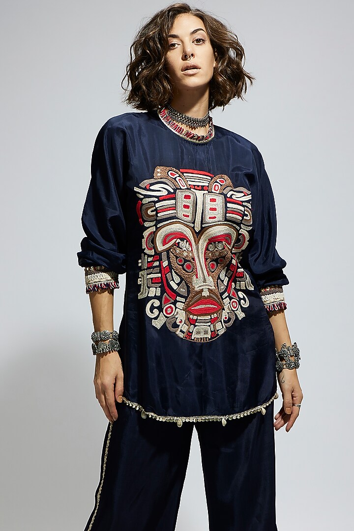 Blue Crepe Thread Embellished Tunic Set by SVA BY SONAM & PARAS MODI at Pernia's Pop Up Shop
