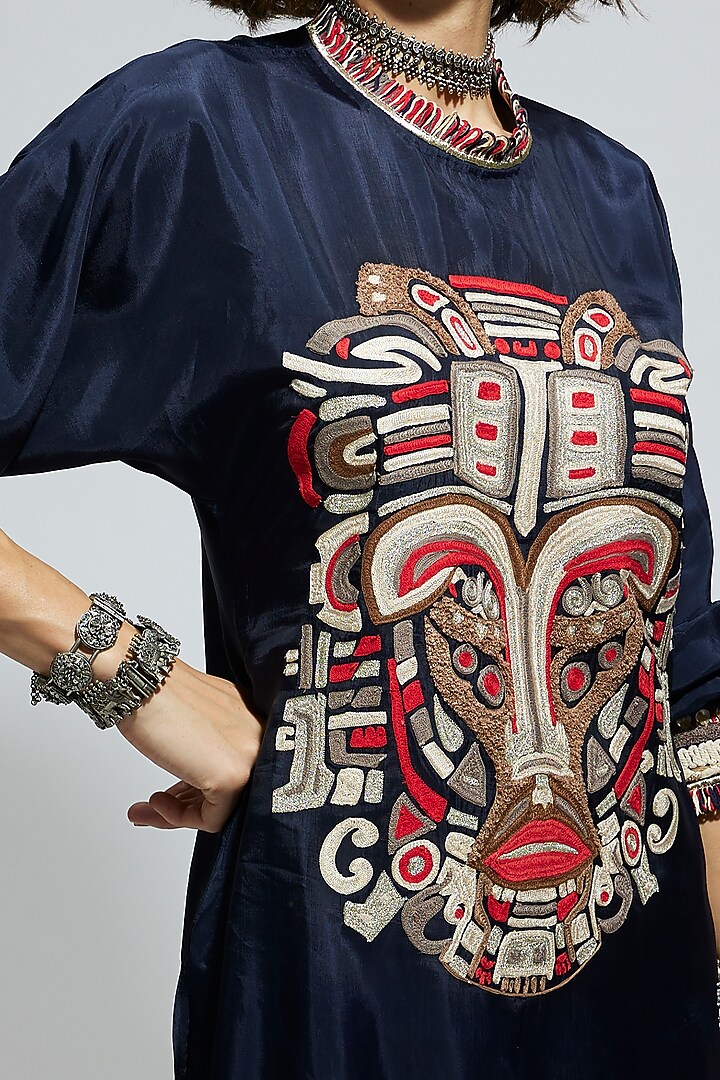 Blue Crepe Thread Embellished Tunic Set by SVA BY SONAM & PARAS MODI at Pernia's Pop Up Shop