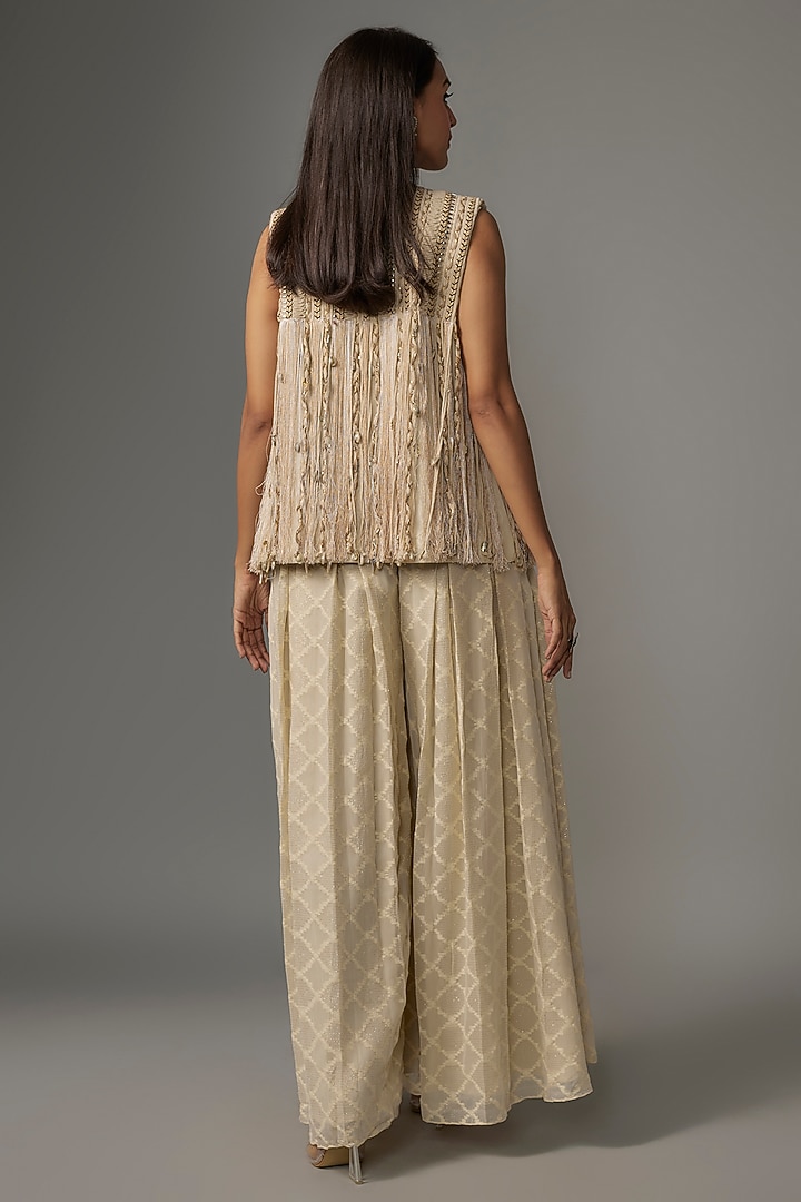 Ivory Silk Thread Work Jacket Set by Sva By Sonam & Paras Modi at Pernia's Pop Up Shop