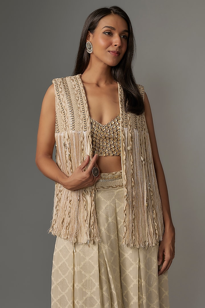 Ivory Silk Thread Work Jacket Set by Sva By Sonam & Paras Modi at Pernia's Pop Up Shop