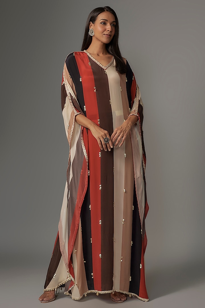 Multi-Colored Crepe Stripe Printed Kaftan Set by Sva By Sonam & Paras Modi at Pernia's Pop Up Shop