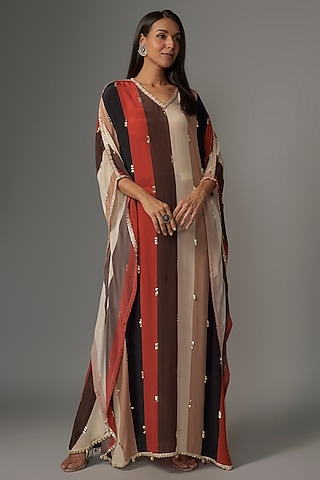 Multi-Colored Crepe Stripe Printed Kaftan Set by Sva By Sonam & Paras Modi