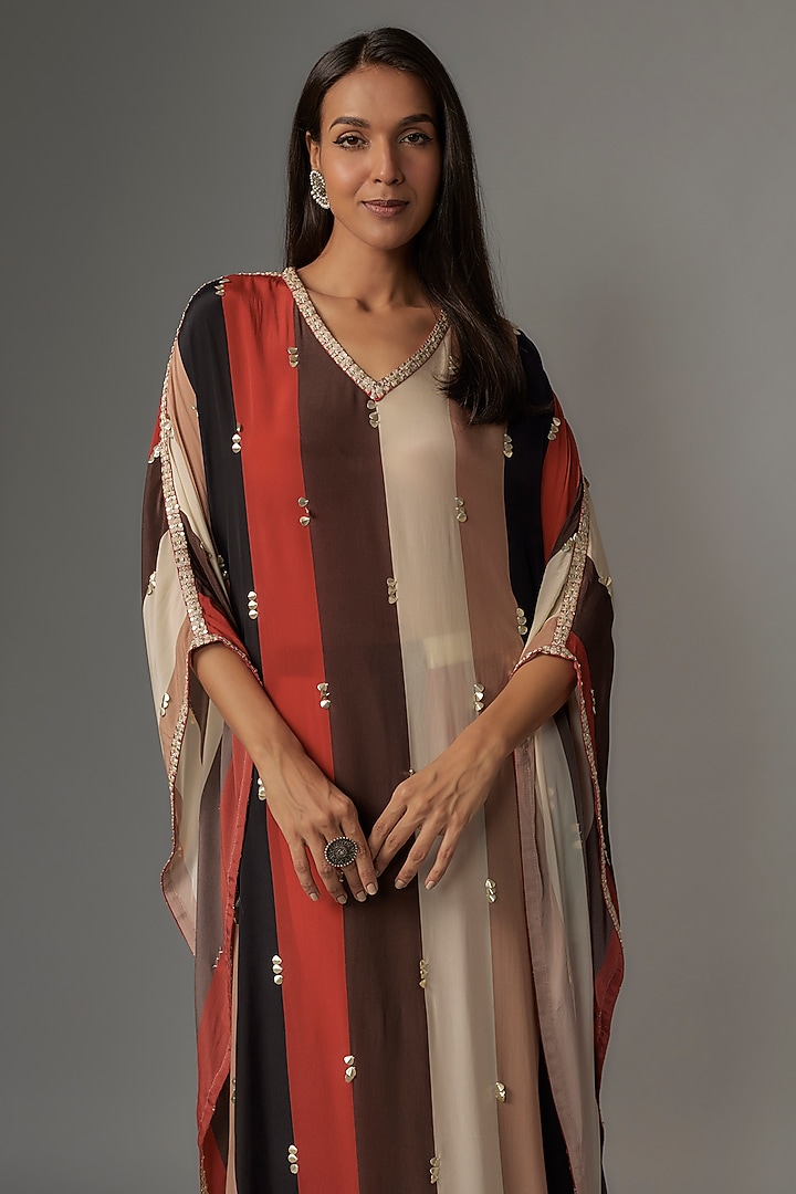 Multi-Colored Crepe Stripe Printed Kaftan Set by Sva By Sonam & Paras Modi at Pernia's Pop Up Shop