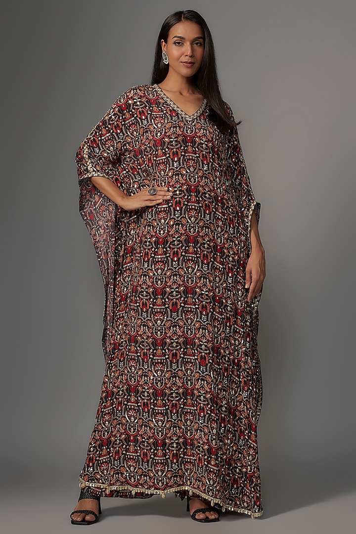 Black Crepe Jaal Printed Kaftan Set by Sva By Sonam & Paras Modi at Pernia's Pop Up Shop