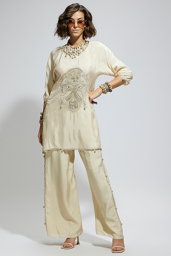 Ivory Silk Metal Embellished Co-Ord Set by SVA BY SONAM & PARAS MODI at Pernia's Pop Up Shop