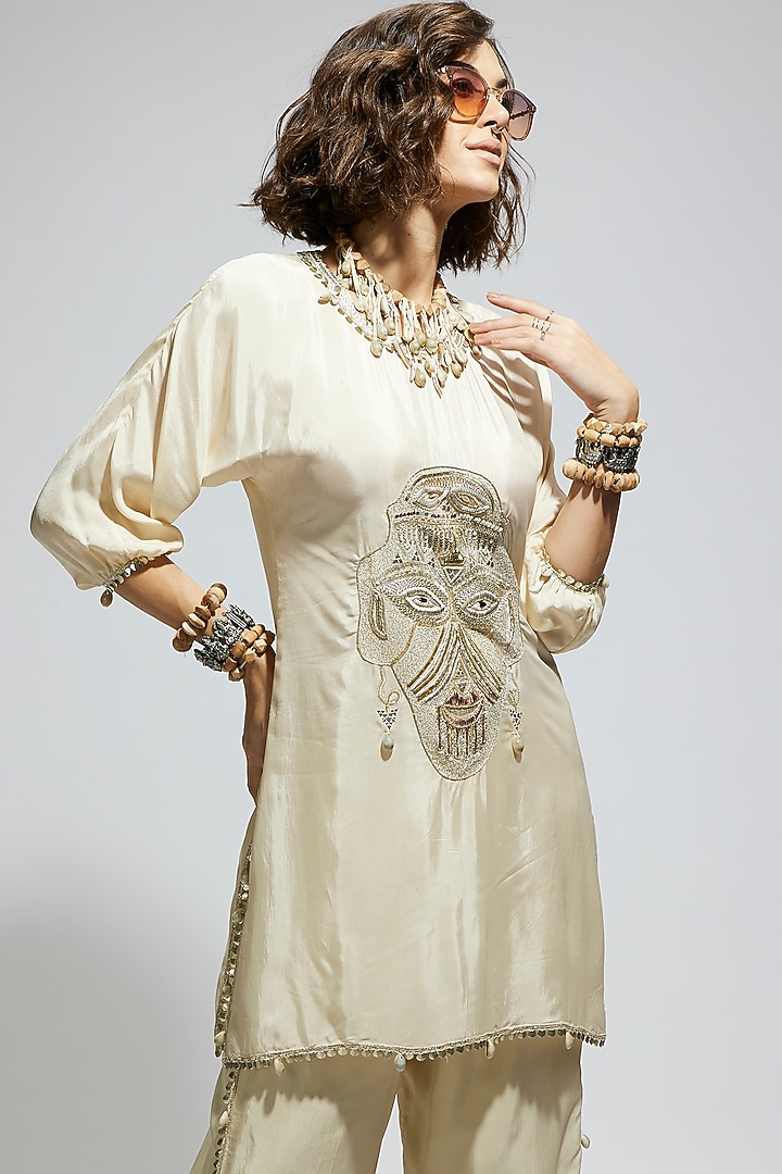 Ivory Silk Metal Embellished Co-Ord Set by SVA BY SONAM & PARAS MODI at Pernia's Pop Up Shop