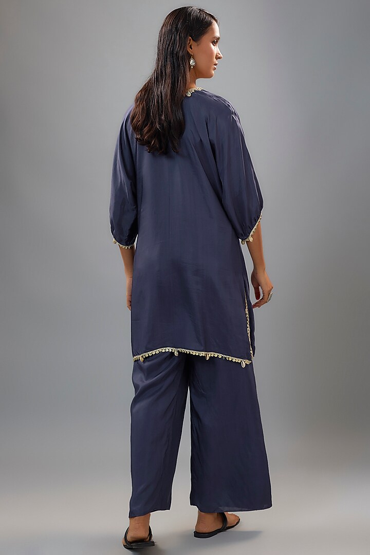 Blue Silk Metal Embellished Co-Ord Set by SVA BY SONAM & PARAS MODI at Pernia's Pop Up Shop