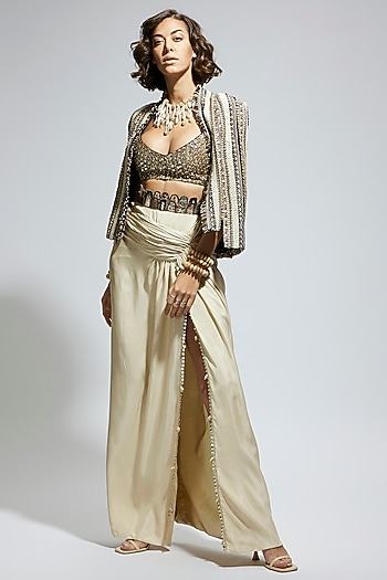 Ivory Crepe Embellished Textured Cape Jacket Set by SVA BY SONAM & PARAS MODI at Pernia's Pop Up Shop