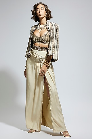 Ivory Crepe Embellished Textured Cape Jacket Set by SVA BY SONAM & PARAS MODI