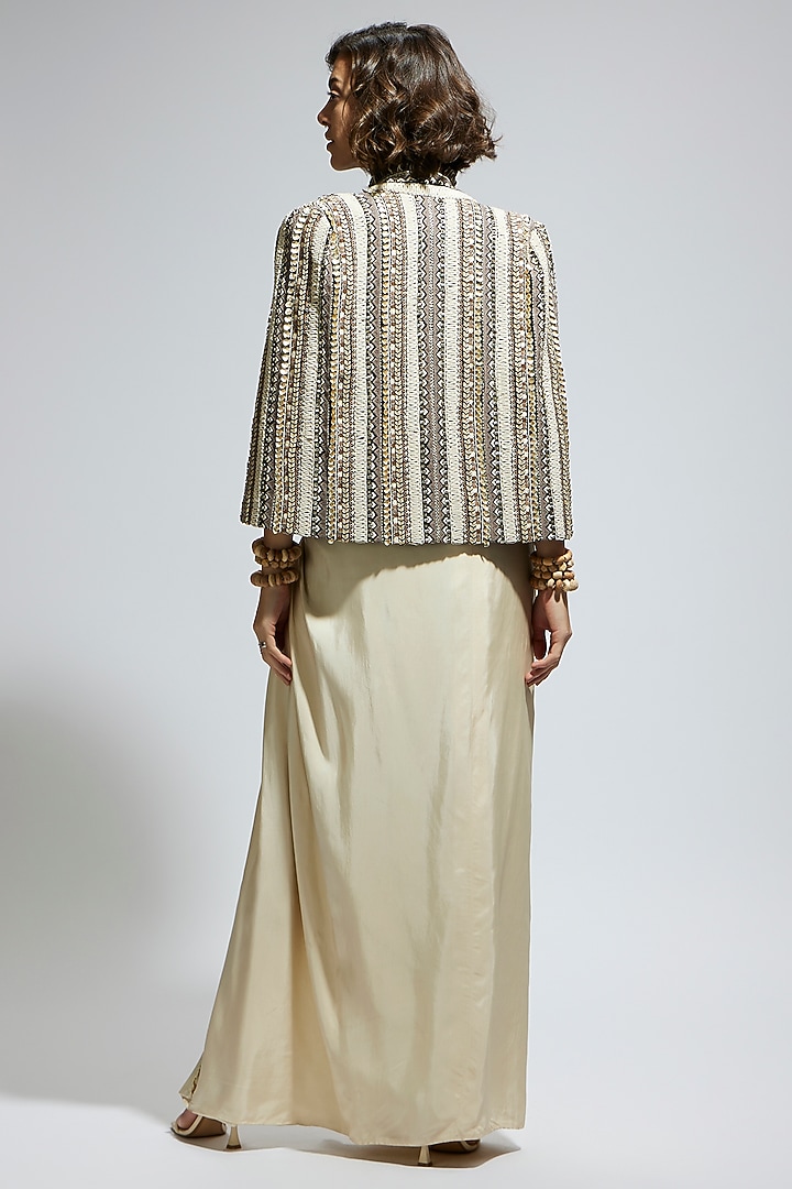 Ivory Crepe Embellished Textured Cape Jacket Set by SVA BY SONAM & PARAS MODI at Pernia's Pop Up Shop