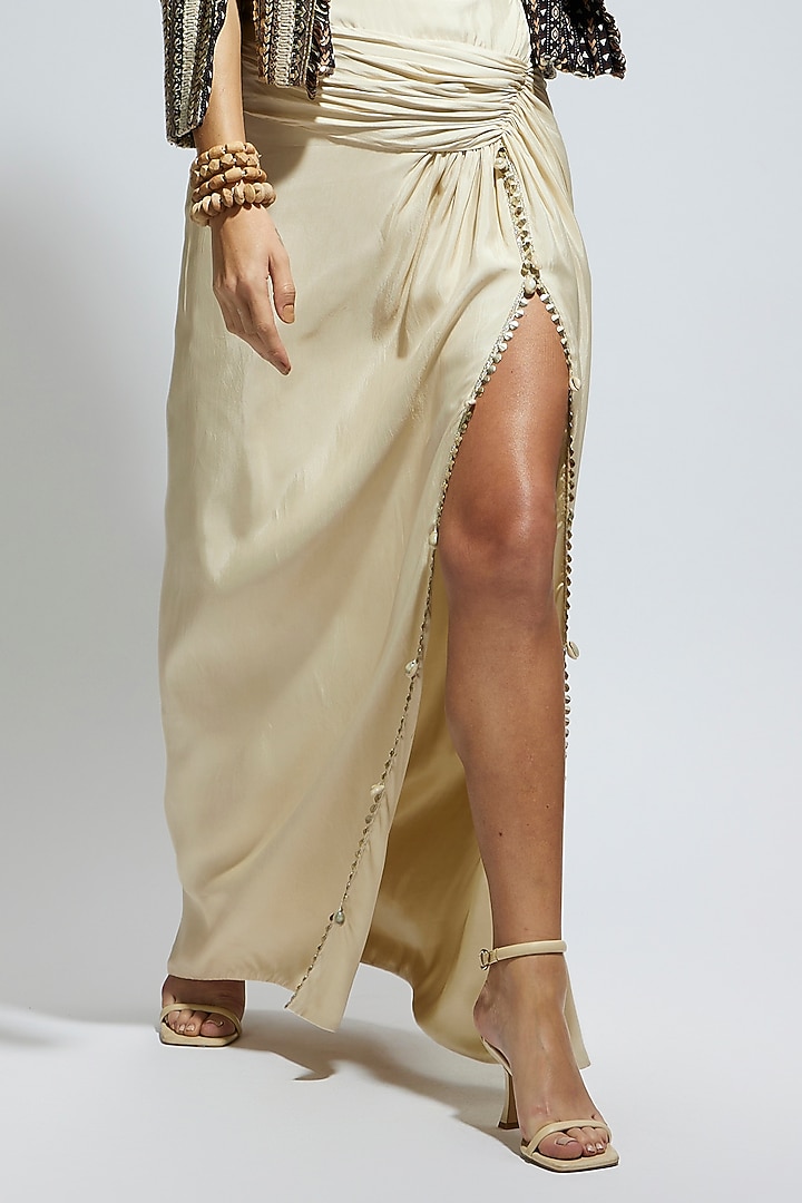Ivory Crepe Embellished Textured Cape Jacket Set by SVA BY SONAM & PARAS MODI at Pernia's Pop Up Shop
