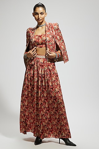 Orange Crepe Embellished Cape Jacket Set by SVA BY SONAM & PARAS MODI