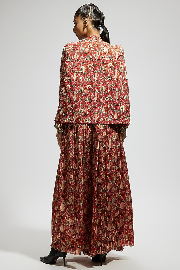 Orange Crepe Embellished Cape Jacket Set by SVA BY SONAM & PARAS MODI at Pernia's Pop Up Shop