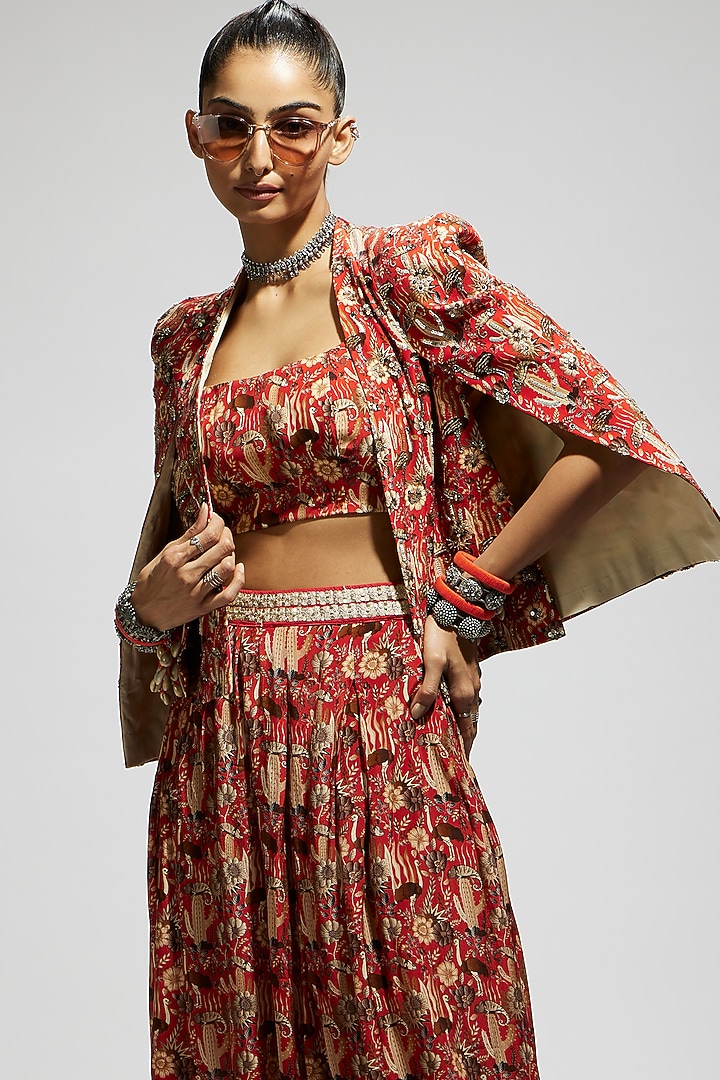 Orange Crepe Embellished Cape Jacket Set by SVA BY SONAM & PARAS MODI at Pernia's Pop Up Shop