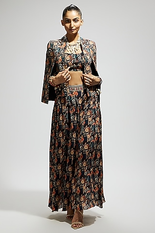 Black Crepe Embellished Cape Jacket Set by SVA BY SONAM & PARAS MODI