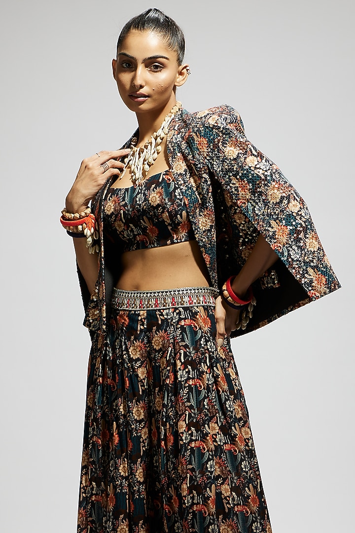 Black Crepe Embellished Cape Jacket Set by SVA BY SONAM & PARAS MODI at Pernia's Pop Up Shop