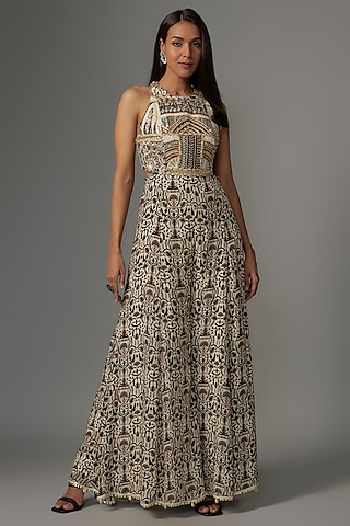 White Crepe Jaal Printed Cut-Out Jumpsuit by Sva By Sonam & Paras Modi